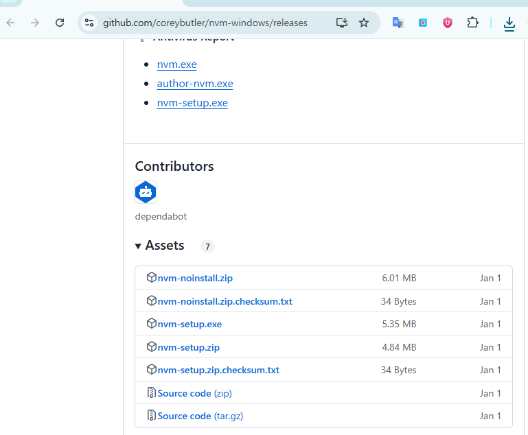 The download screen for the installer file on the nvm-windows GitHub releases page.