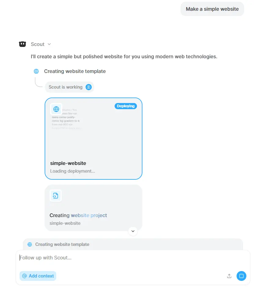 The Scout.new AI executing a task from a command in its workspace.