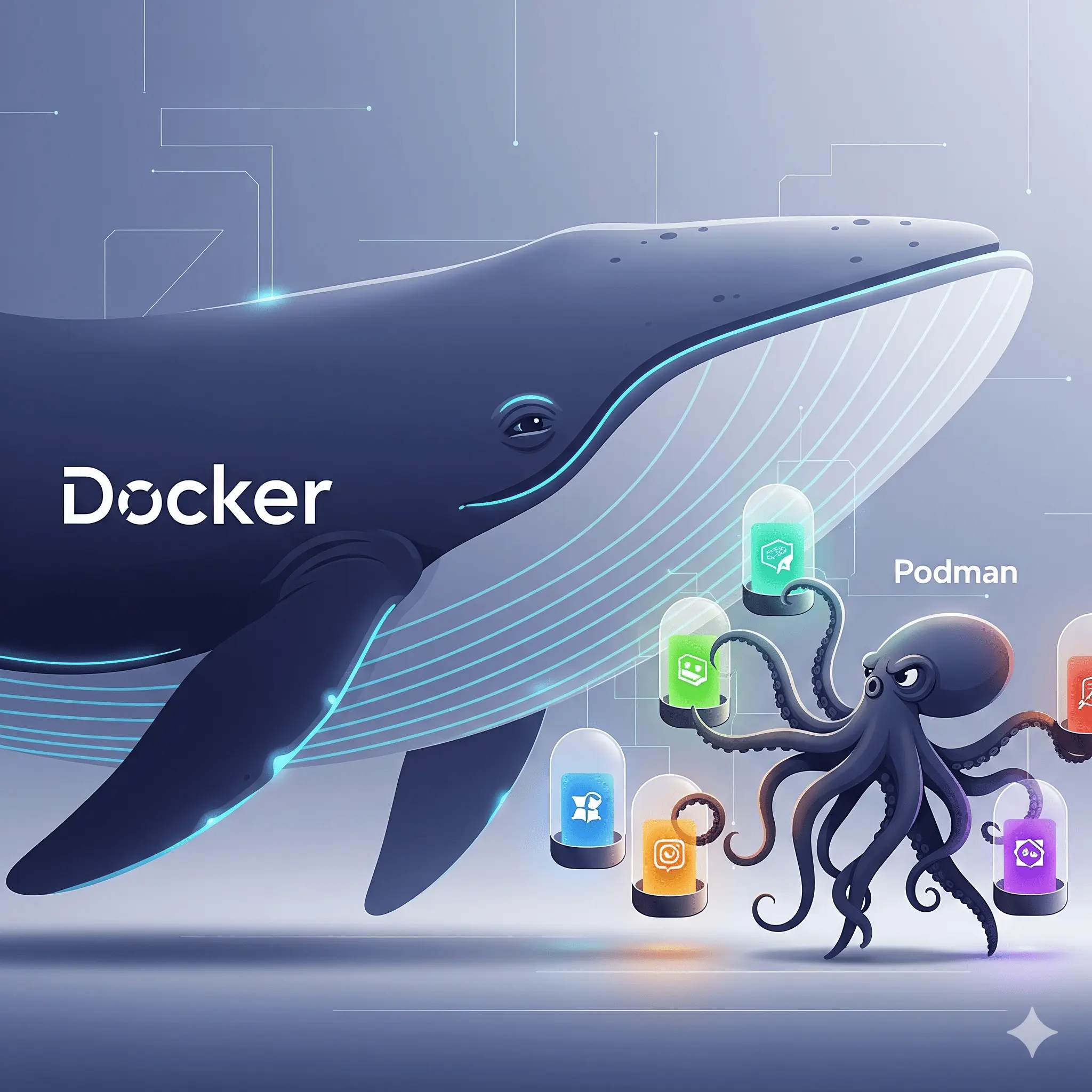 Podman과 Docker 로고가 대결 구도로 배치된 이미지