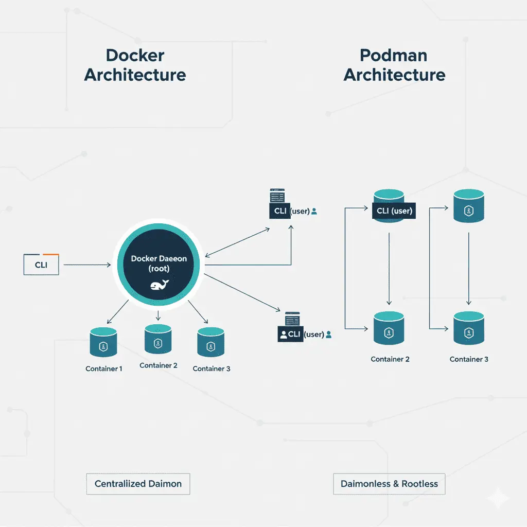 Docker의 데몬 기반 아키텍처와 Podman의 데몬리스 아키텍처를 비교하는 다이어그램