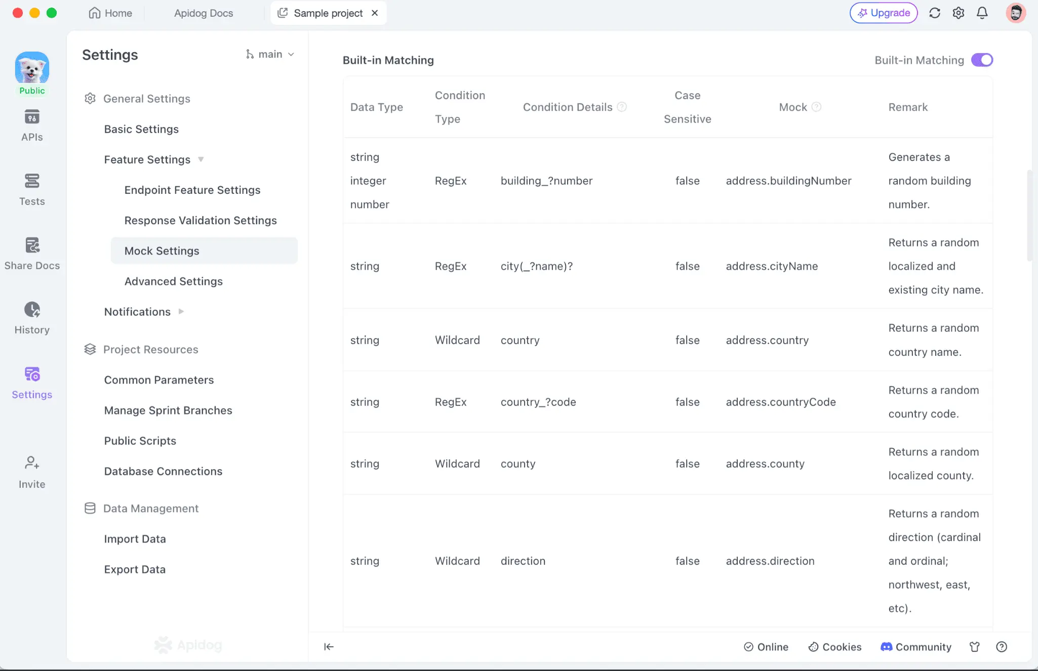 APIdog mocking: Mock Rules input and cloud URL sharing screenshot.