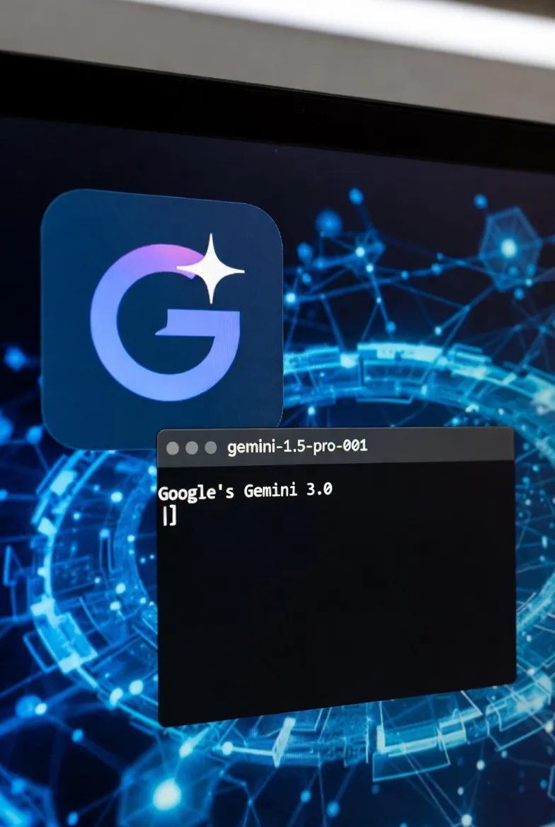 Visualization of Gemini 3.0 neural network architecture with DeepMind logo