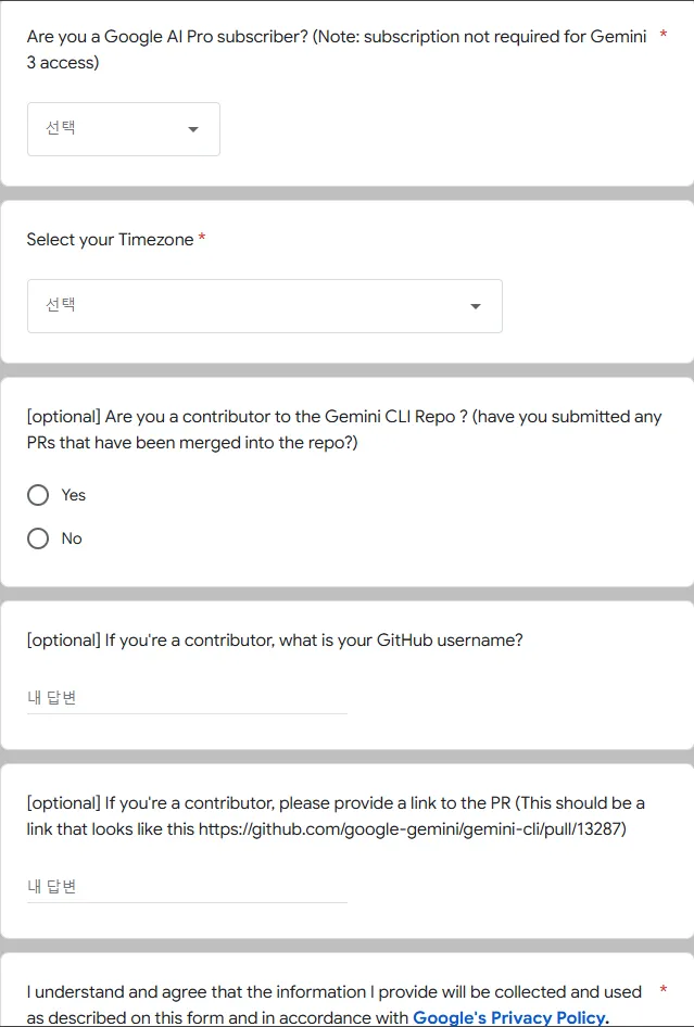 Example of filling out the Google AI Studio Early Access form