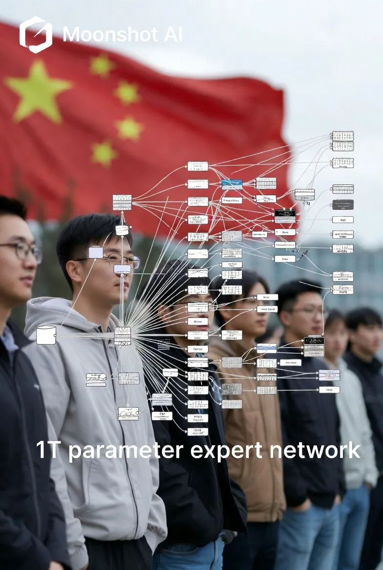 Moonshot AI team photo and Kimi K2 Thinking MoE architecture diagram emphasizing 1T parameter expert network
