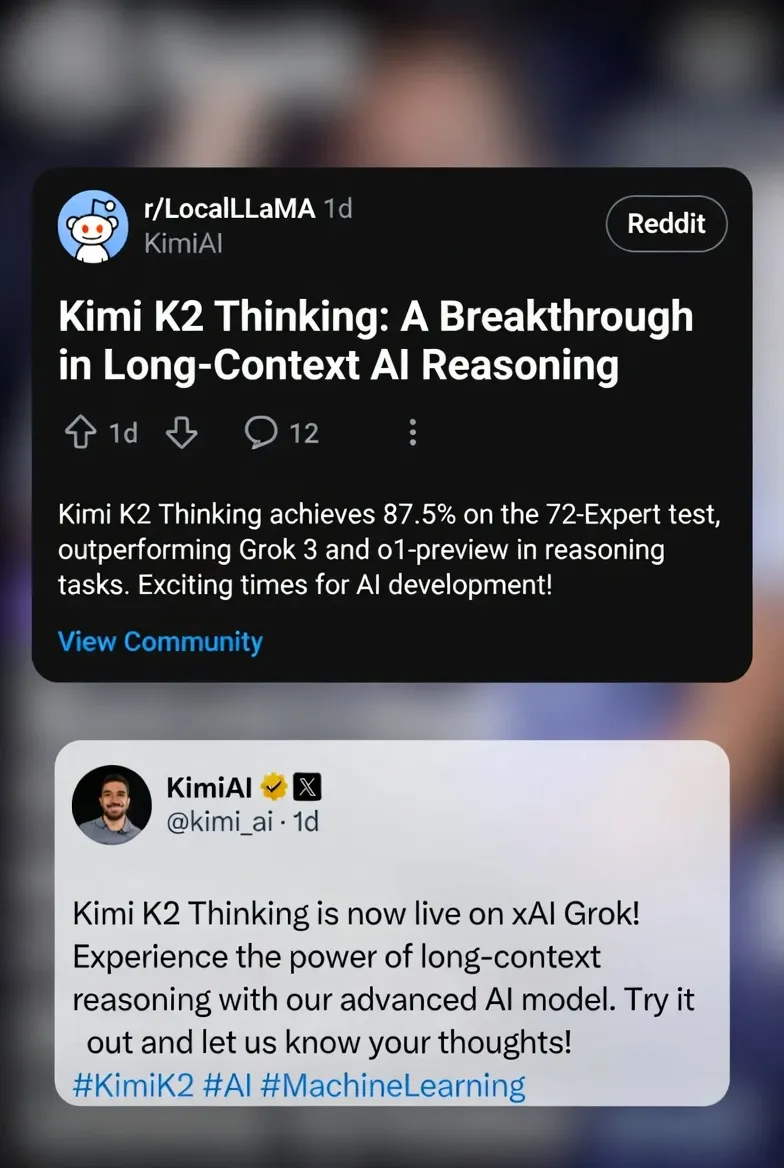 Collage of Reddit r/LocalLLaMA and X posts reviewing Kimi K2 Thinking
