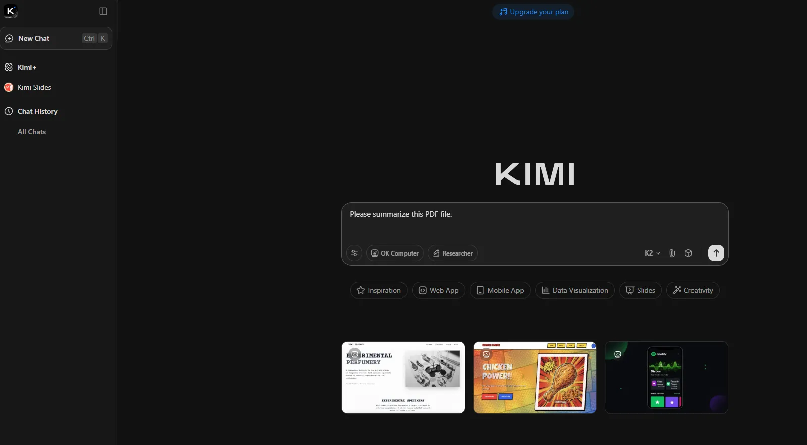 Kimi AI의 깔끔하고 미니멀한 웹 인터페이스. 사용자가 PDF 파일을 업로드하고 요약을 요청하는 모습을 보여주는 스크린샷.
