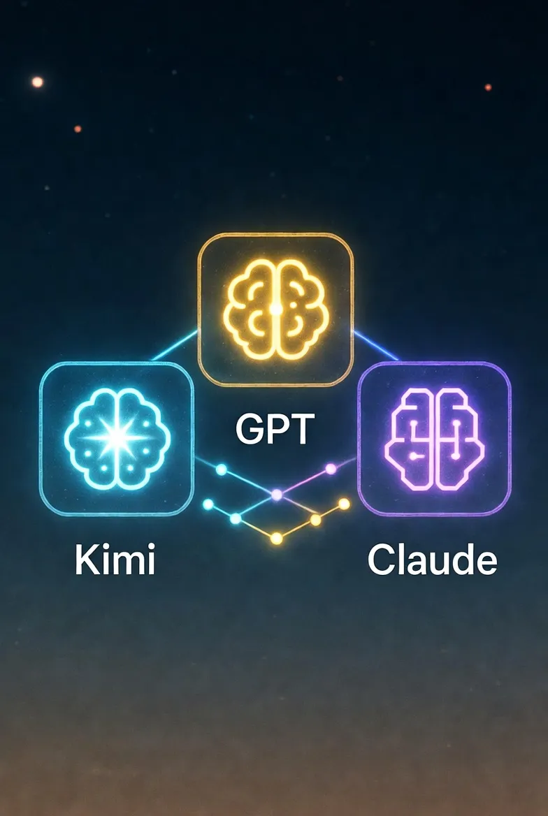 세 개의 두뇌 아이콘이 서로 연결되어 경쟁하는 모습을 시각화한 이미지. 각각 Kimi, GPT, Claude를 상징.
