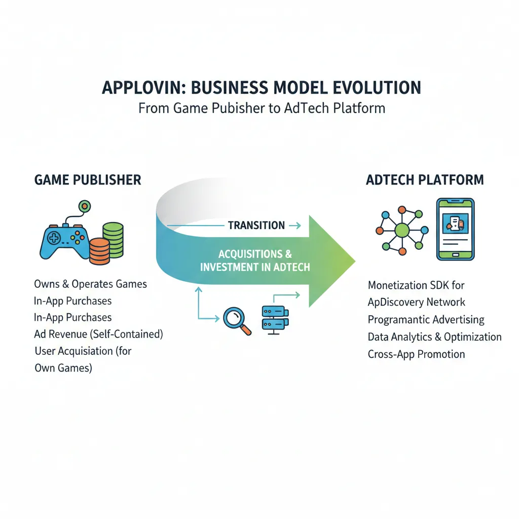 앱러빈의 비즈니스 모델 전환: 게임 퍼블리셔에서 애드테크 플랫폼으로의 변화 다이어그램