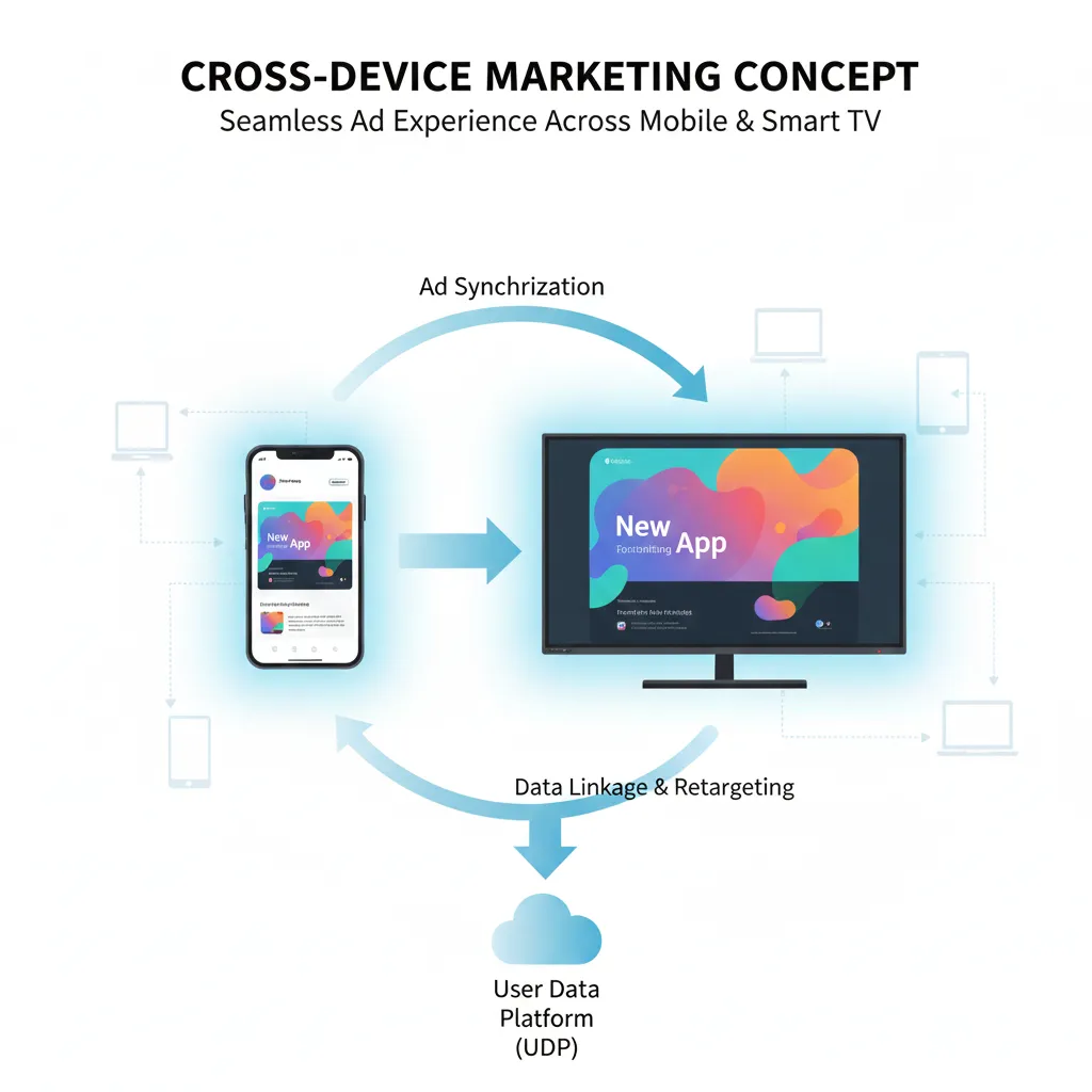 모바일 폰과 스마트 TV가 연결되어 광고가 연동되는 크로스 디바이스 마케팅 개념도
