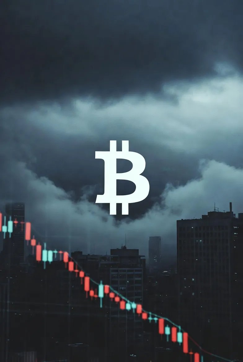 Bitcoin logo hovering precariously over a city with dark storm clouds, featuring a chart graphic implying stagnation in the background