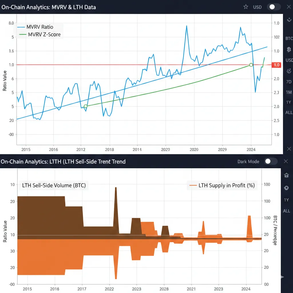 Complex on-chain data chart showing MVRV ratio and Long-Term Holder (LTH) selling trends