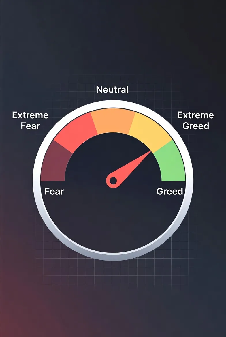 Illustration of a Fear and Greed Index needle pointing towards Fear