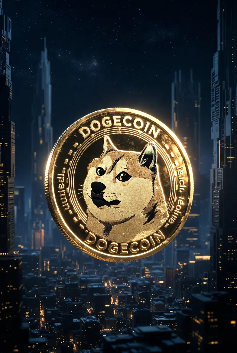 Golden Dogecoin floating above a futuristic city