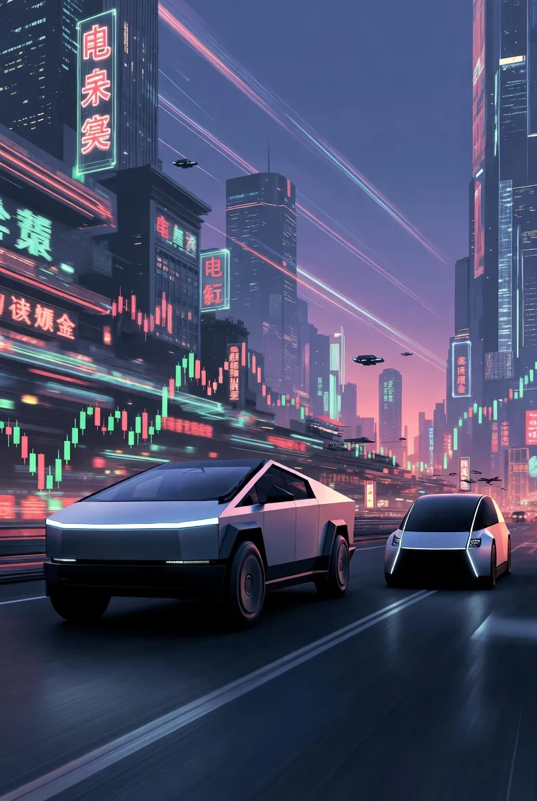 Futuristic image of Tesla Robotaxi with stock chart overlay