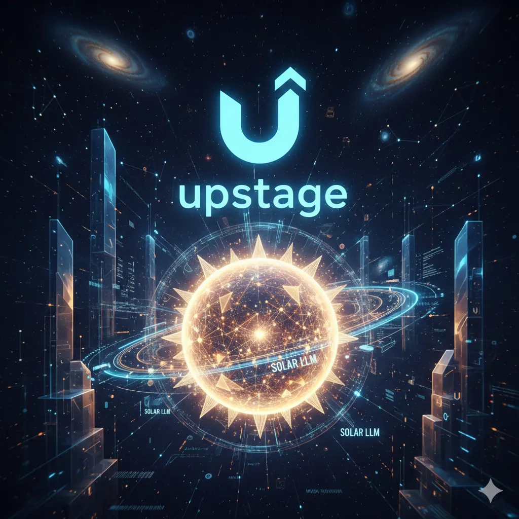업스테이지 로고와 Solar LLM을 형상화한 미래지향적인 이미지
