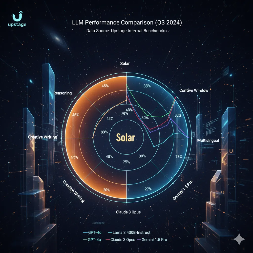 업스테이지 Solar 모델과 글로벌 빅테크 모델 간의 성능 및 비용 비교 그래프