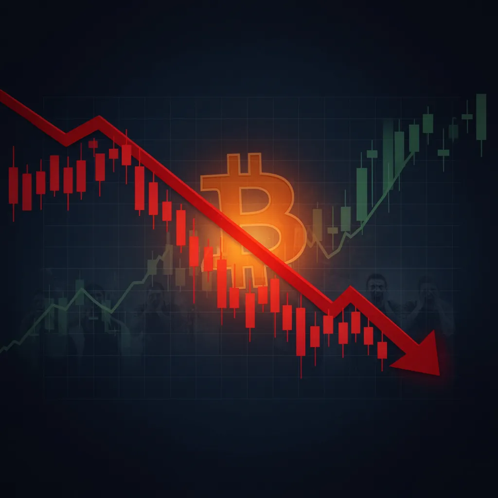Dark-toned chart image symbolizing Bitcoin price decline and market uncertainty with red candlesticks