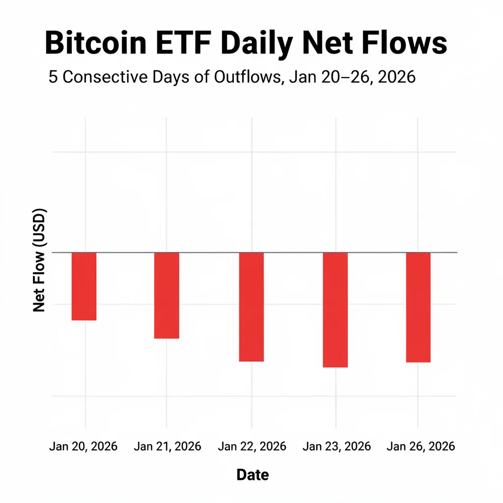 Bitcoin ETF daily net flow chart showing 5 consecutive days of outflows from January 20-26, 2026
