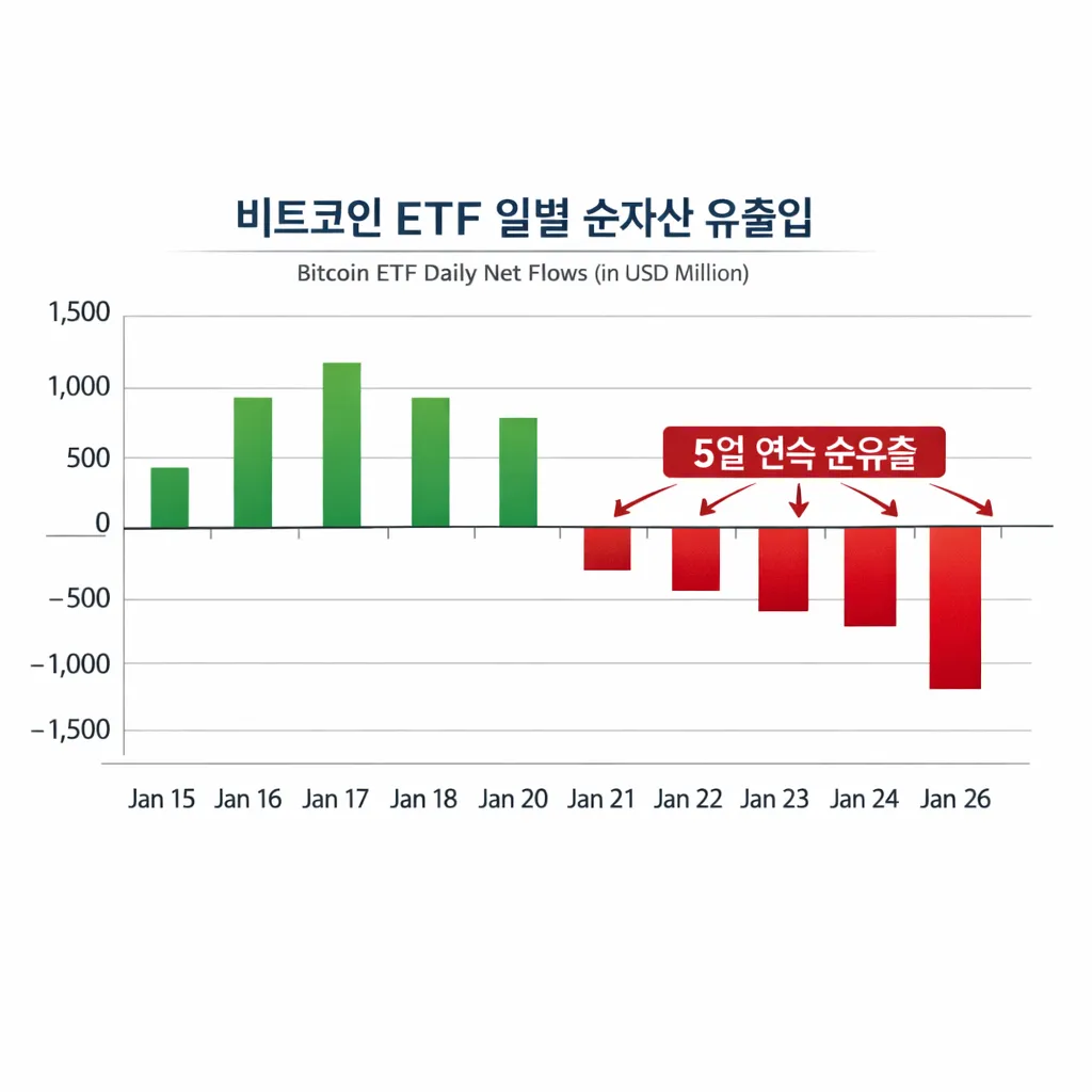 비트코인 ETF 일별 순자산 유출입 그래프. 2026년 1월 20일부터 26일까지 5일 연속 마이너스를 기록하는 모습