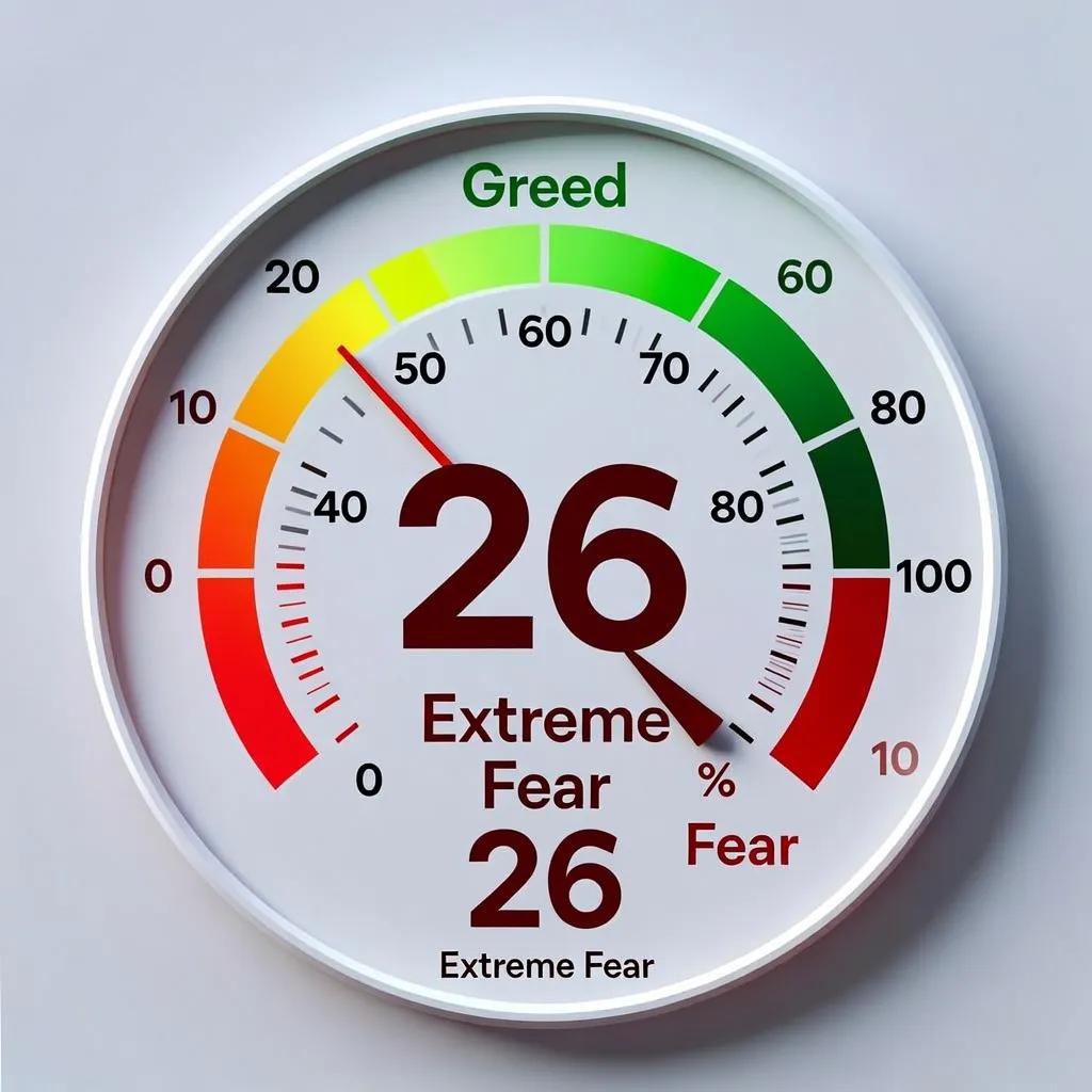 Crypto Fear and Greed Index gauge pointing to 26