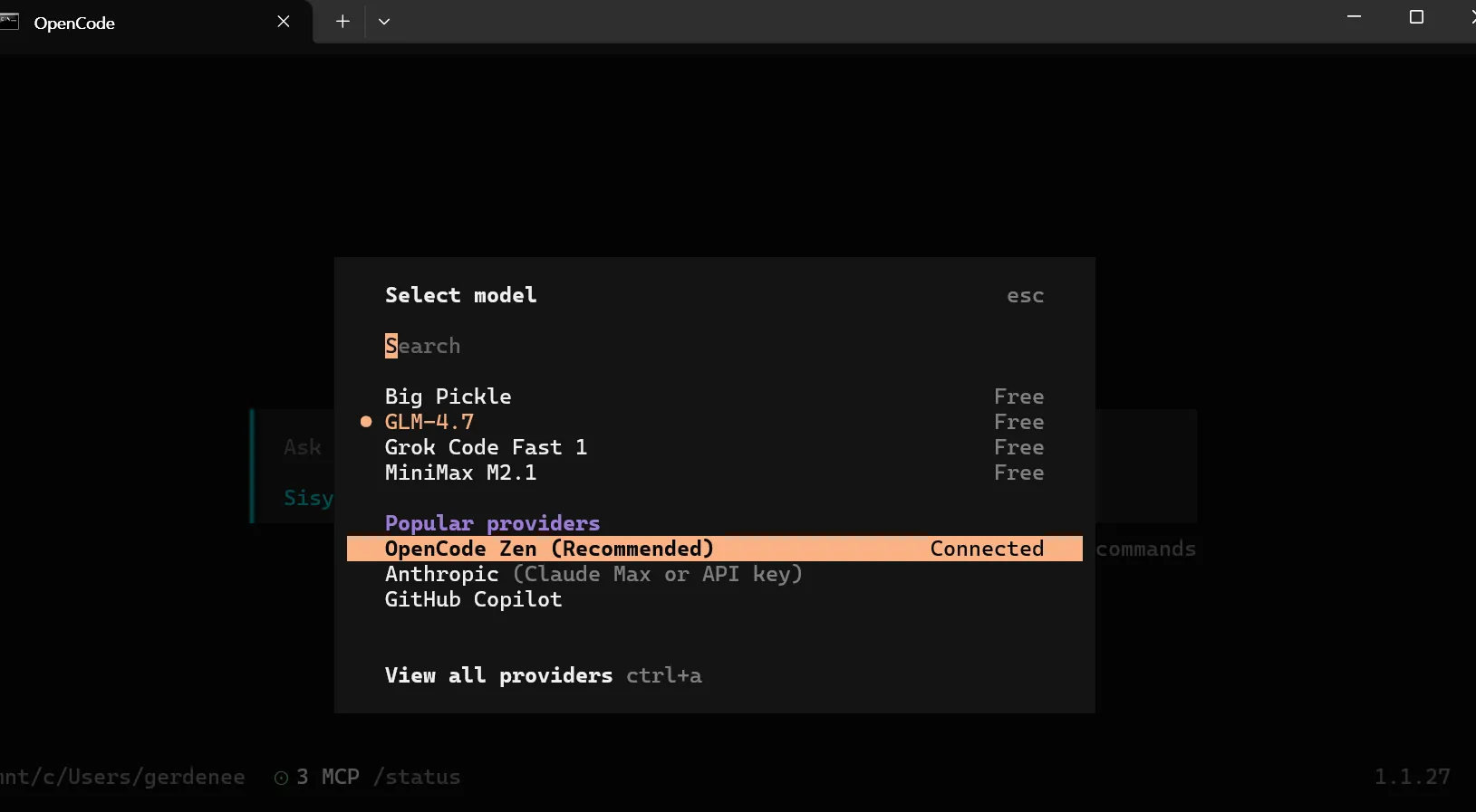 Screen selecting various LLM models in OpenCode terminal UI
