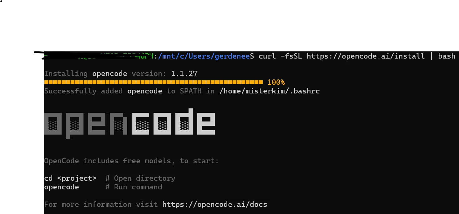 OpenCode installation success screen in WSL terminal