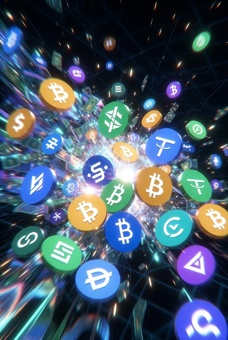 디지털 화폐의 흐름과 스테이블코인 로고들이 충돌하는 미래지향적인 이미지