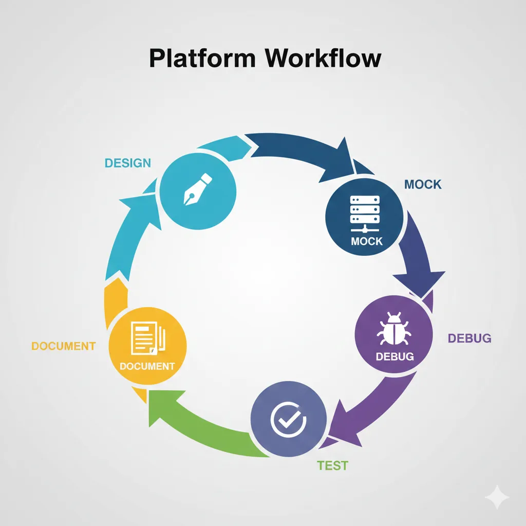 Apidog all-in-one workflow diagram showing circular flow from design to deployment