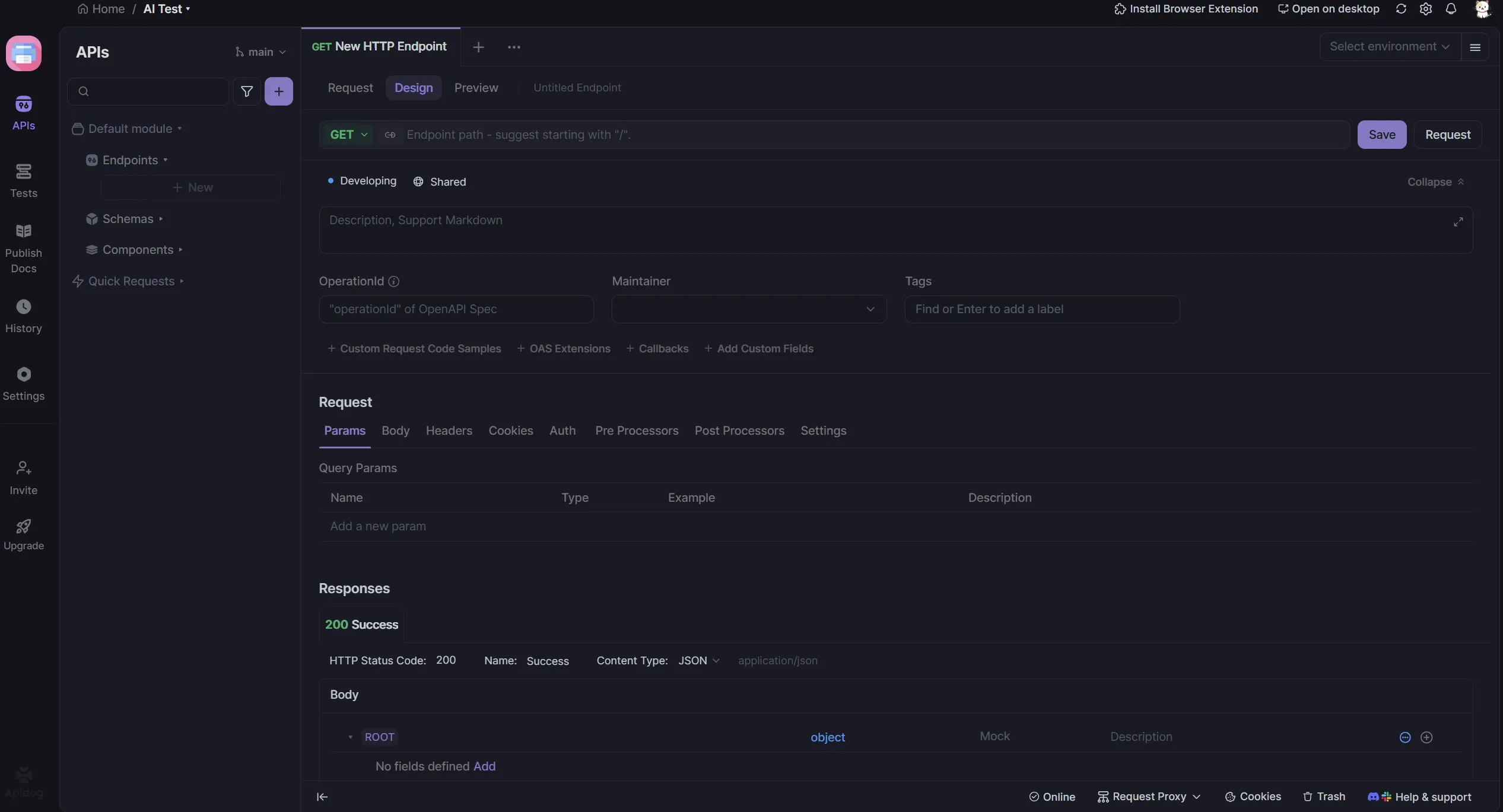 Apidog visual schema editor showing drag-and-drop field creation interface