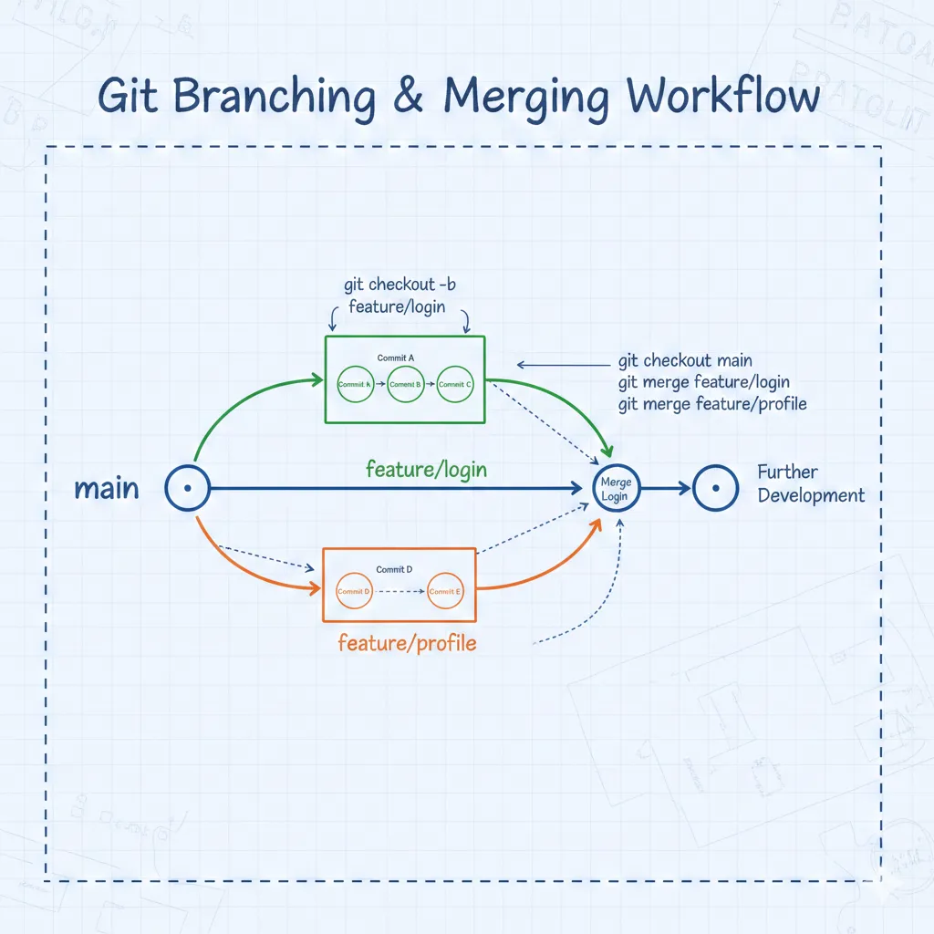 Diagram showing Git version control system branches and merge workflow