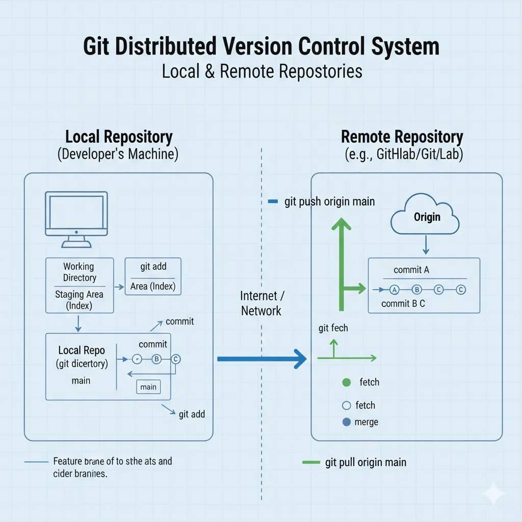 Diagram illustrating Git distributed version control system architecture showing relationship between local and remote repositories