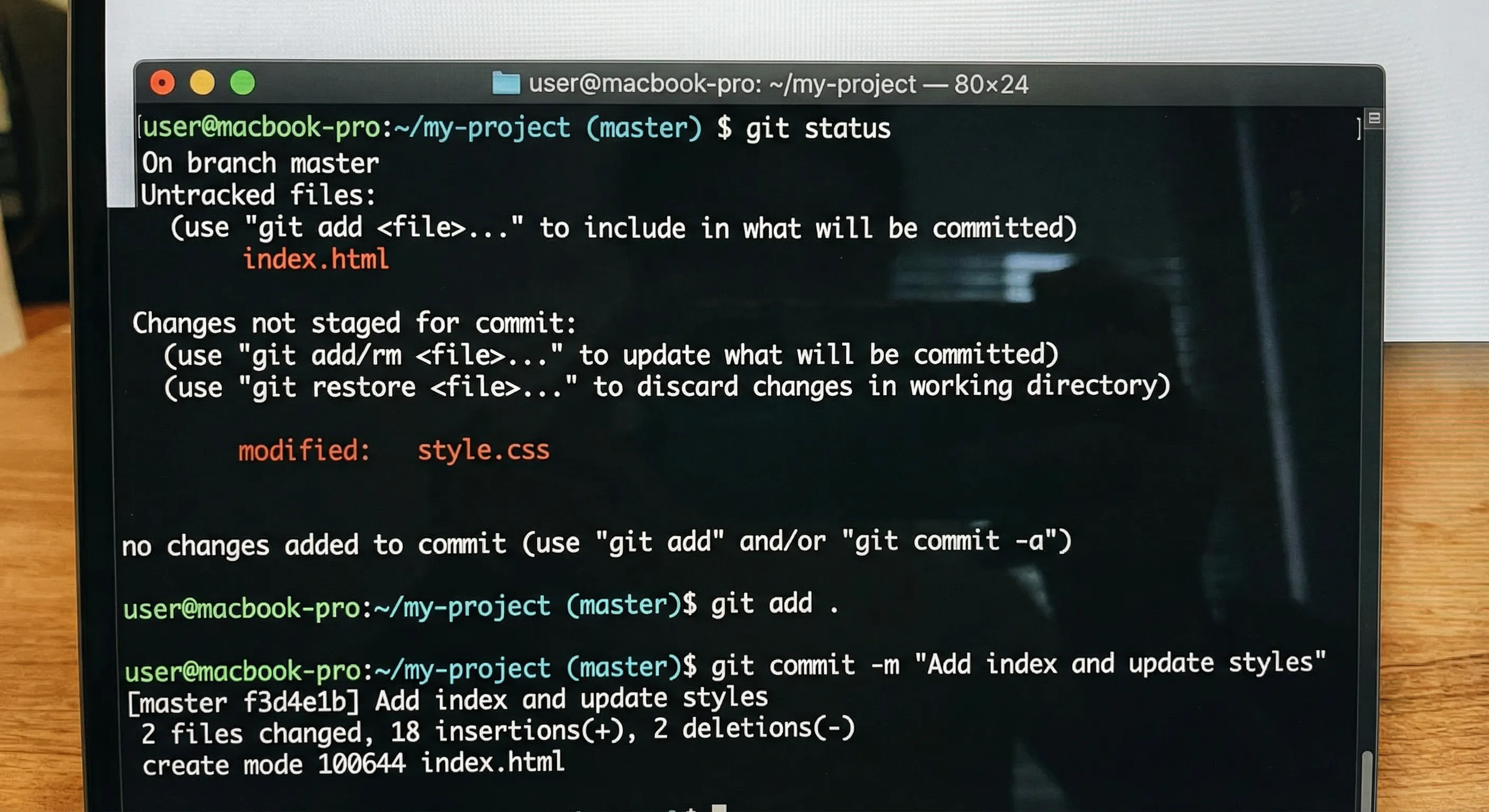 Terminal screenshot showing Git basic commands in action - git status, git add, git commit execution