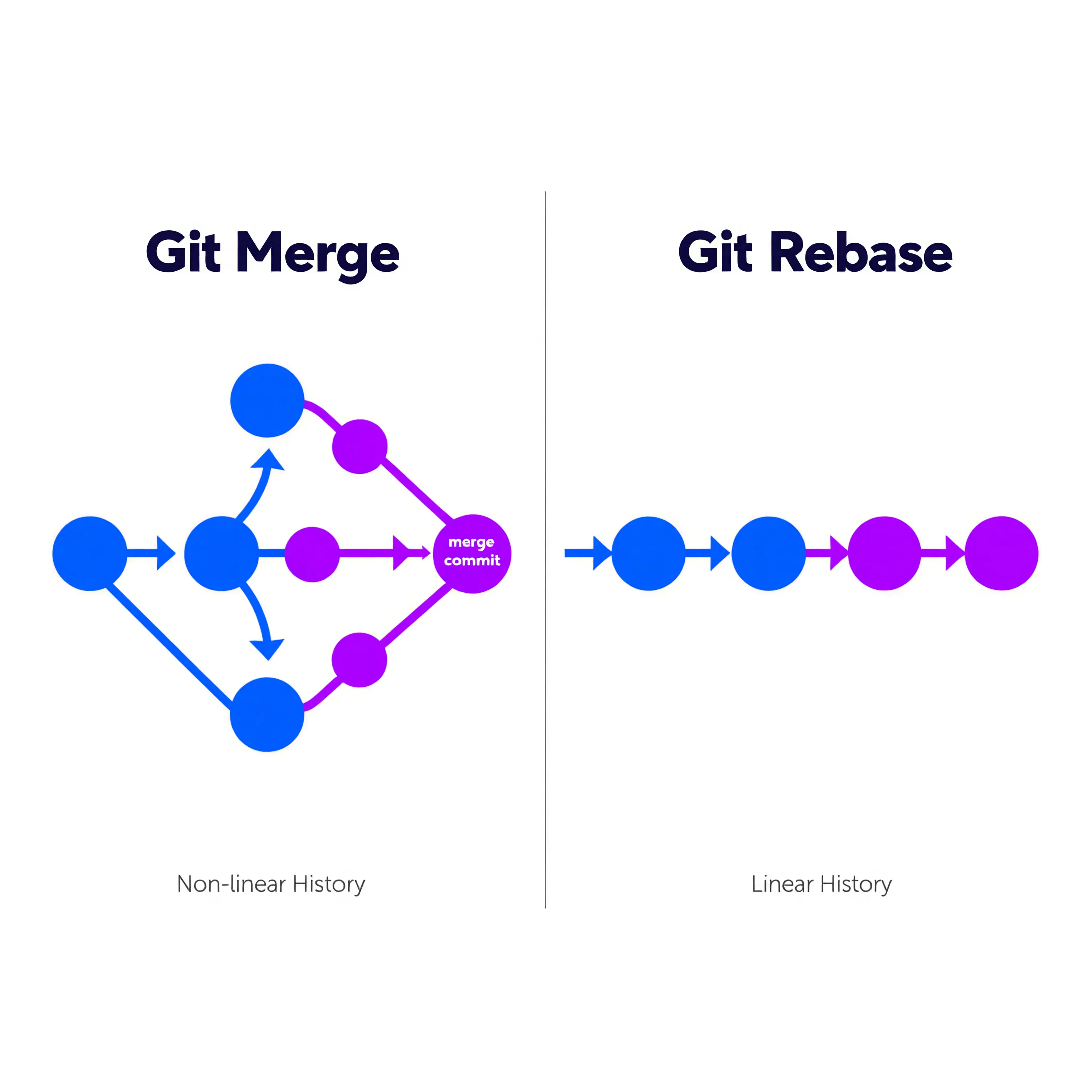 Branch diagram showing difference between Git merge and rebase - merge creates branched history while rebase creates linear history