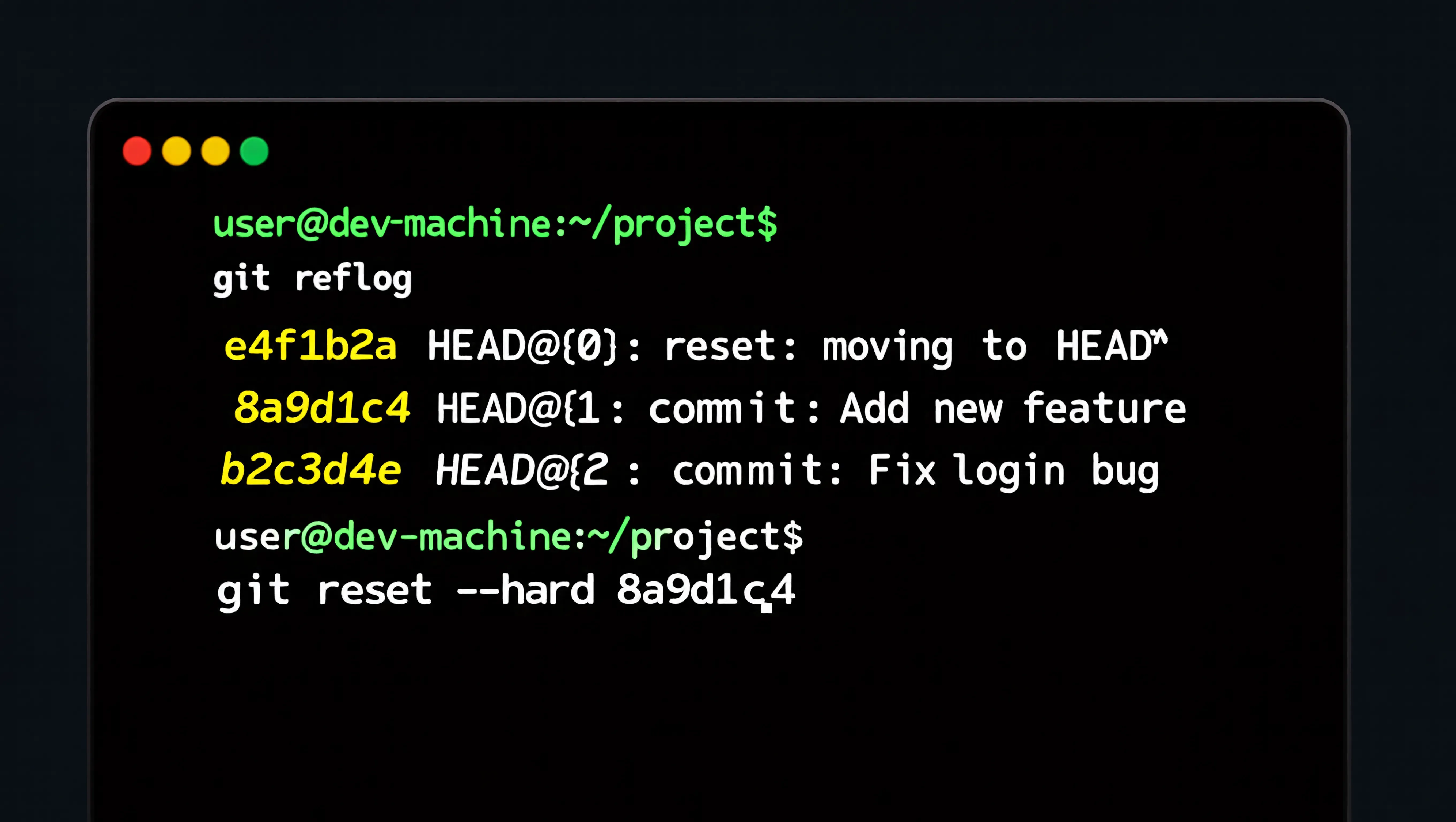 Terminal screenshot showing process of recovering deleted commits using Git reflog