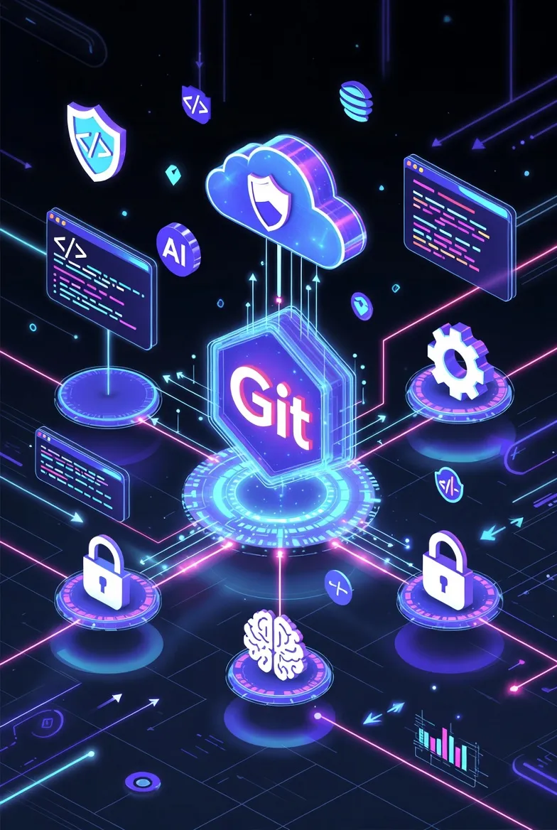 Illustration showing future of Git ecosystem in 2026 - development environment with cloud, AI, and security elements
