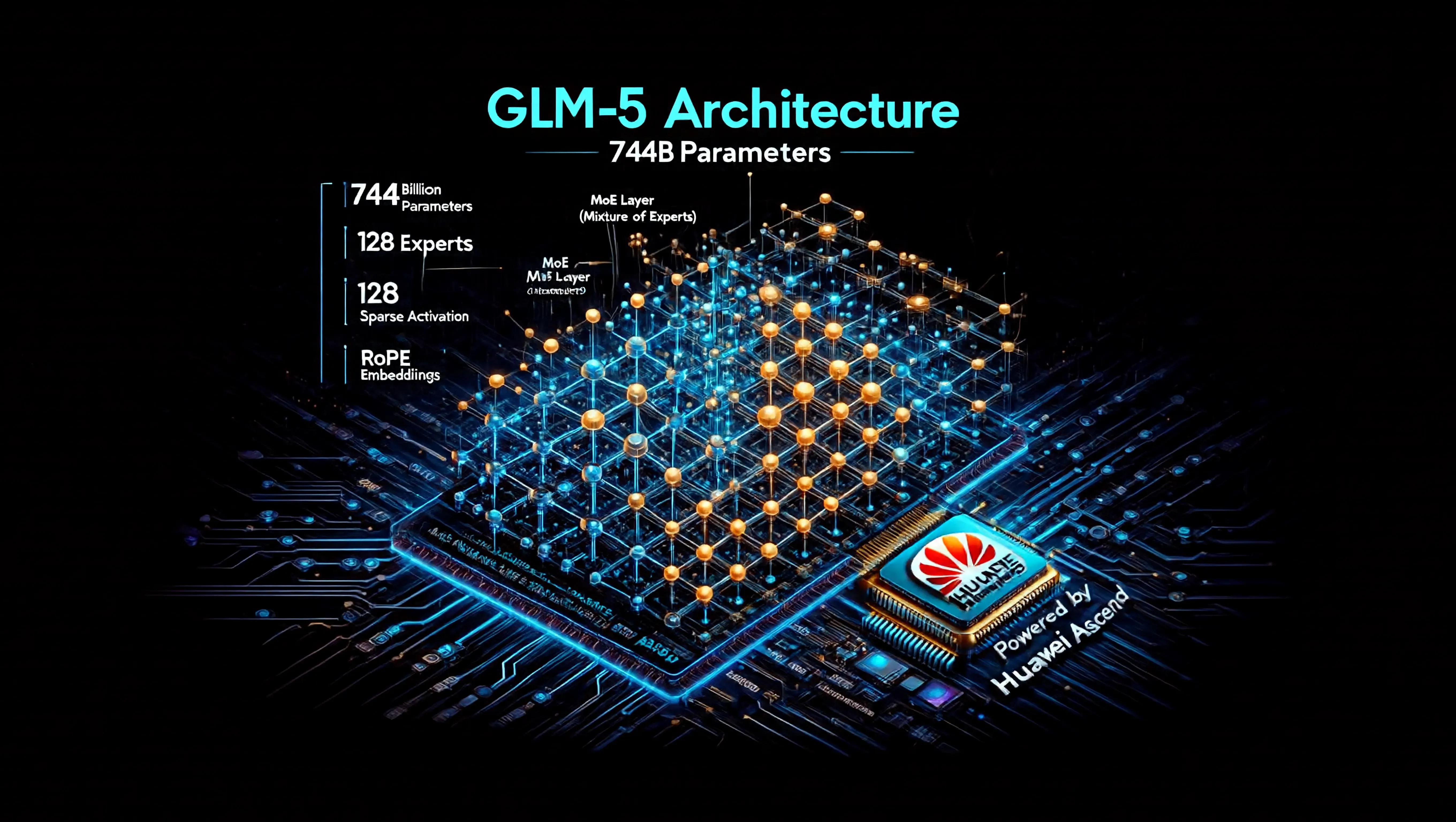 GLM-5 AI Model Architecture Diagram - 744B parameter MoE structure with Huawei Ascend chips, showcasing China's latest AI technology