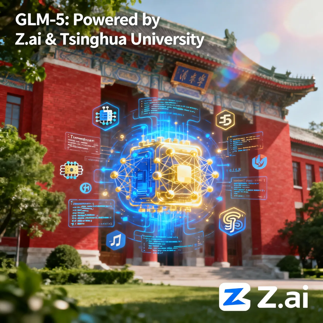 Z.ai company logo with Tsinghua University background, showing the origins of GLM-5
