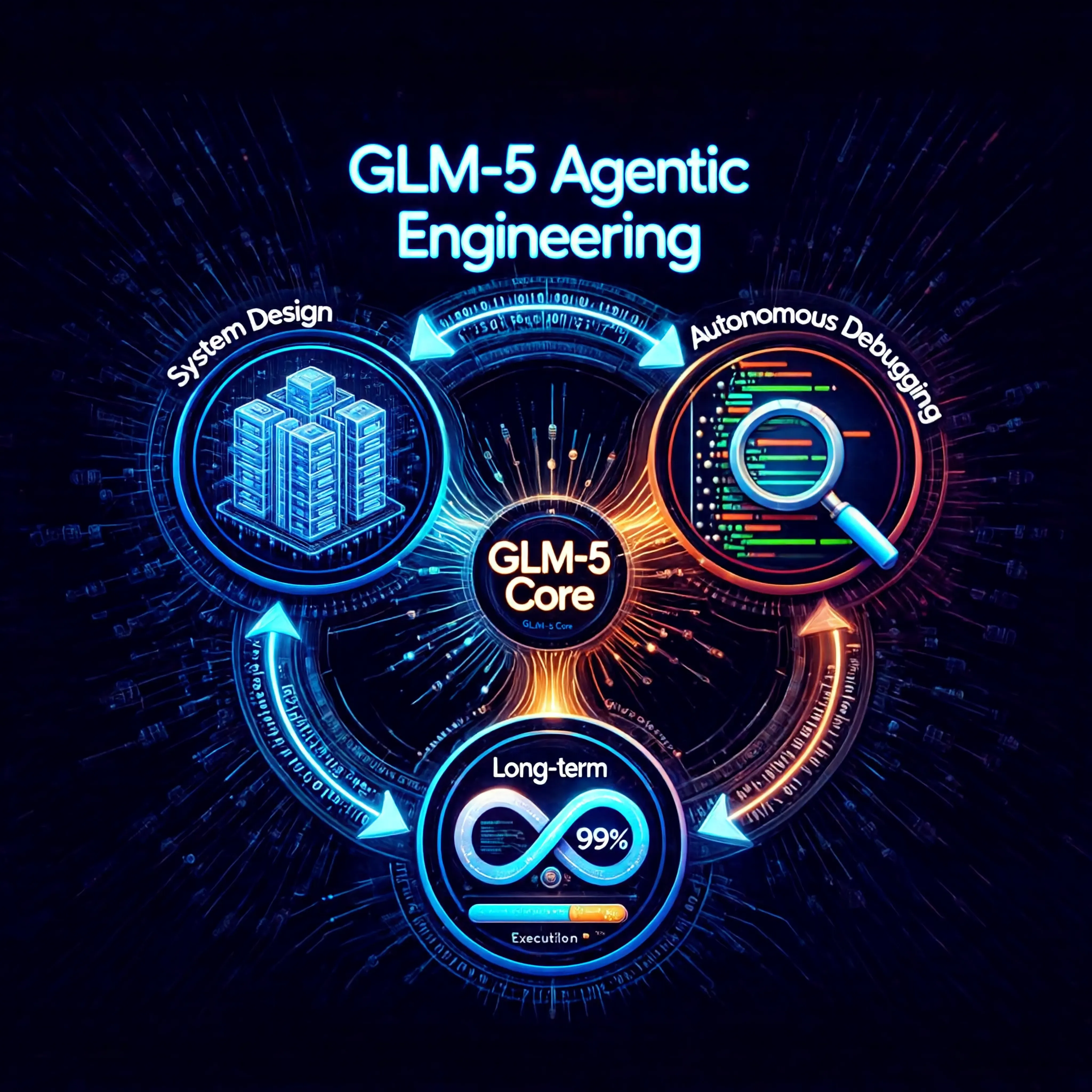 GLM-5 Agentic Engineering Concept Diagram - Visual flow of system design, autonomous debugging, and long-term task execution