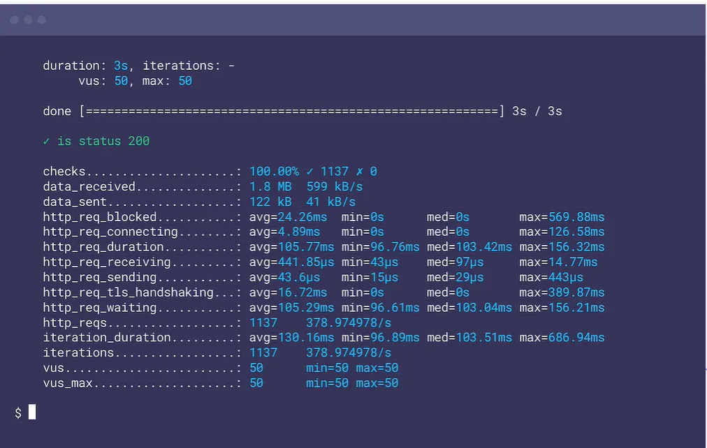 k6 CLI execution results terminal screen
