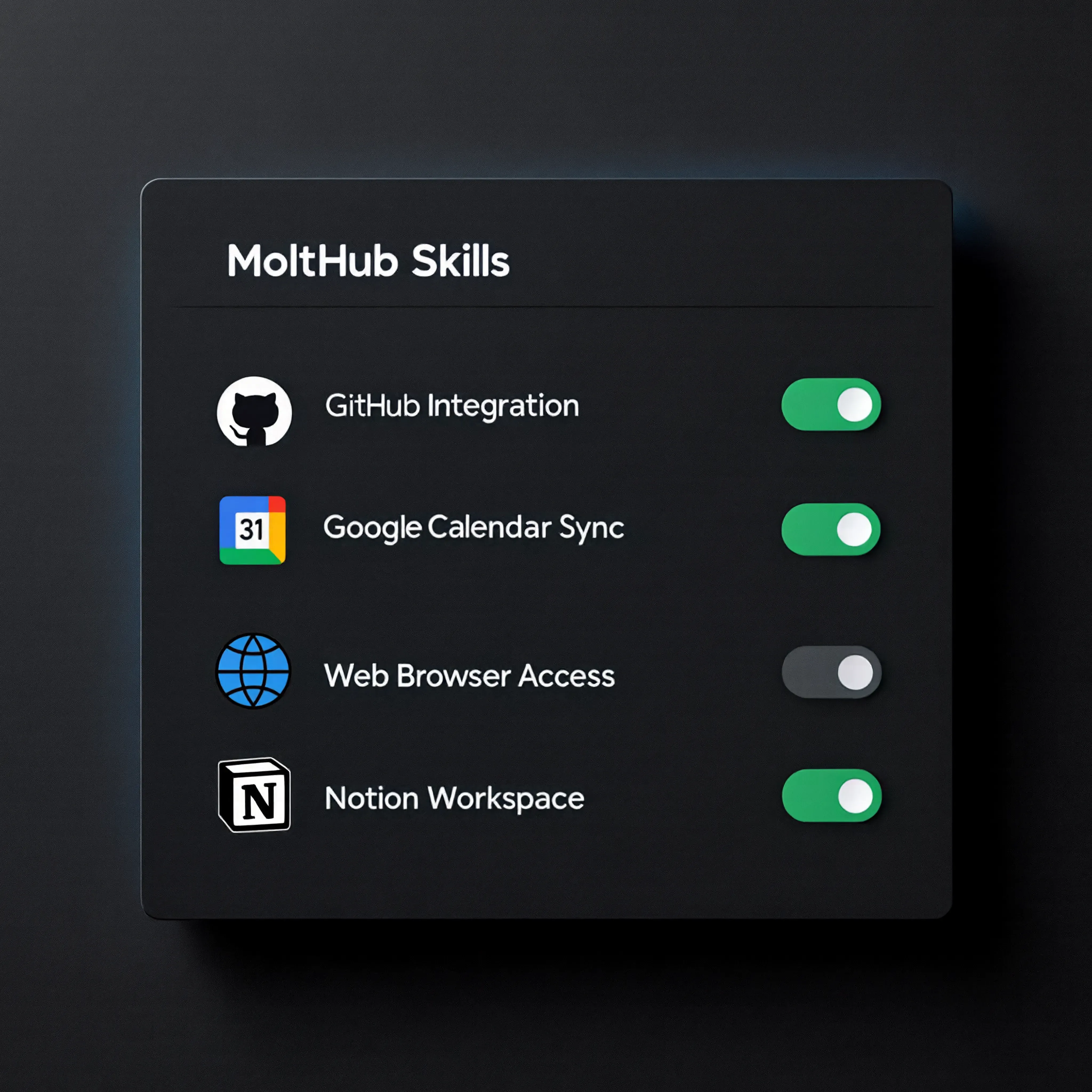 MoltHub Skill List Example: GitHub, Google Calendar, Browser, Notion, etc.