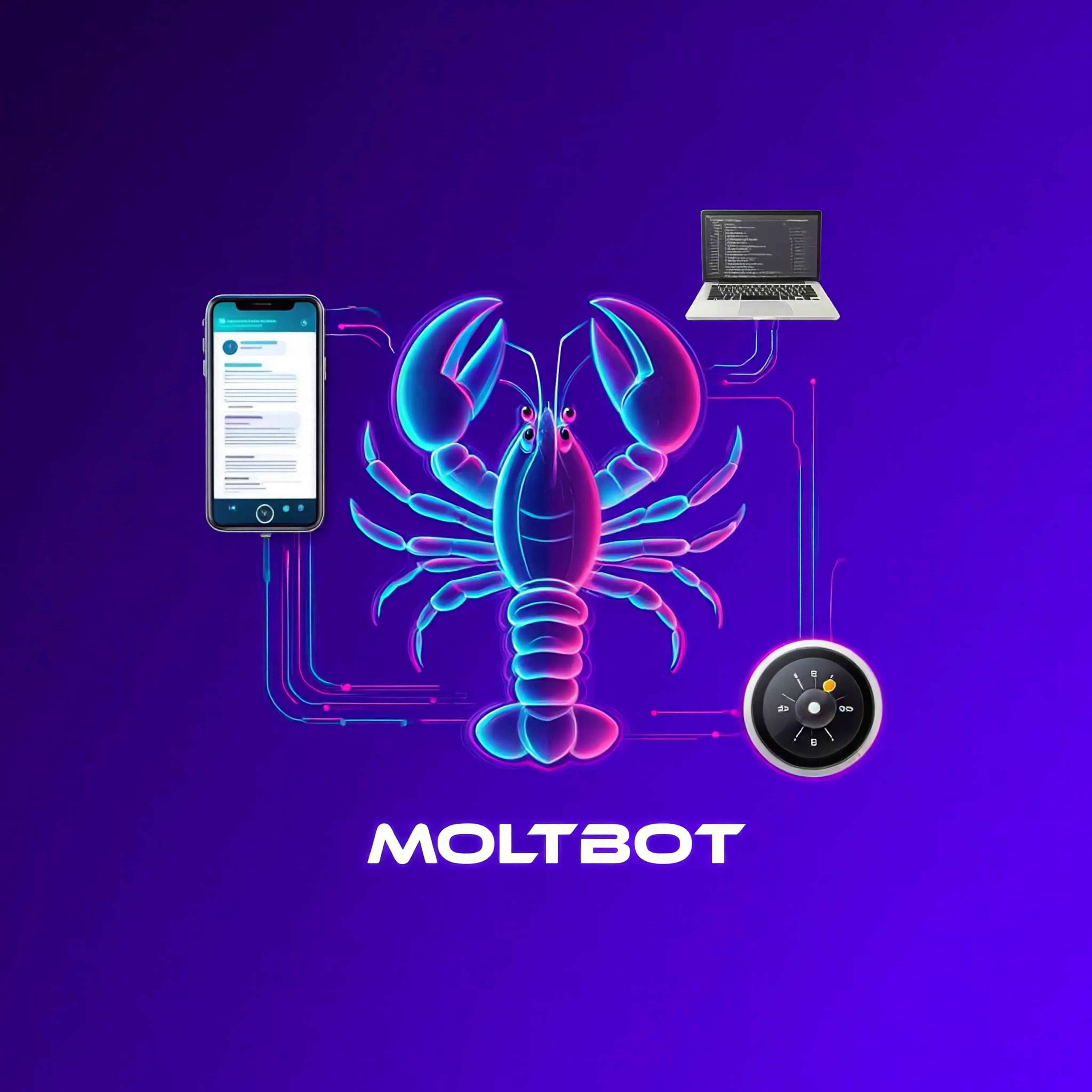 Moltbot AI assistant concept art with lobster logo and multi-device control