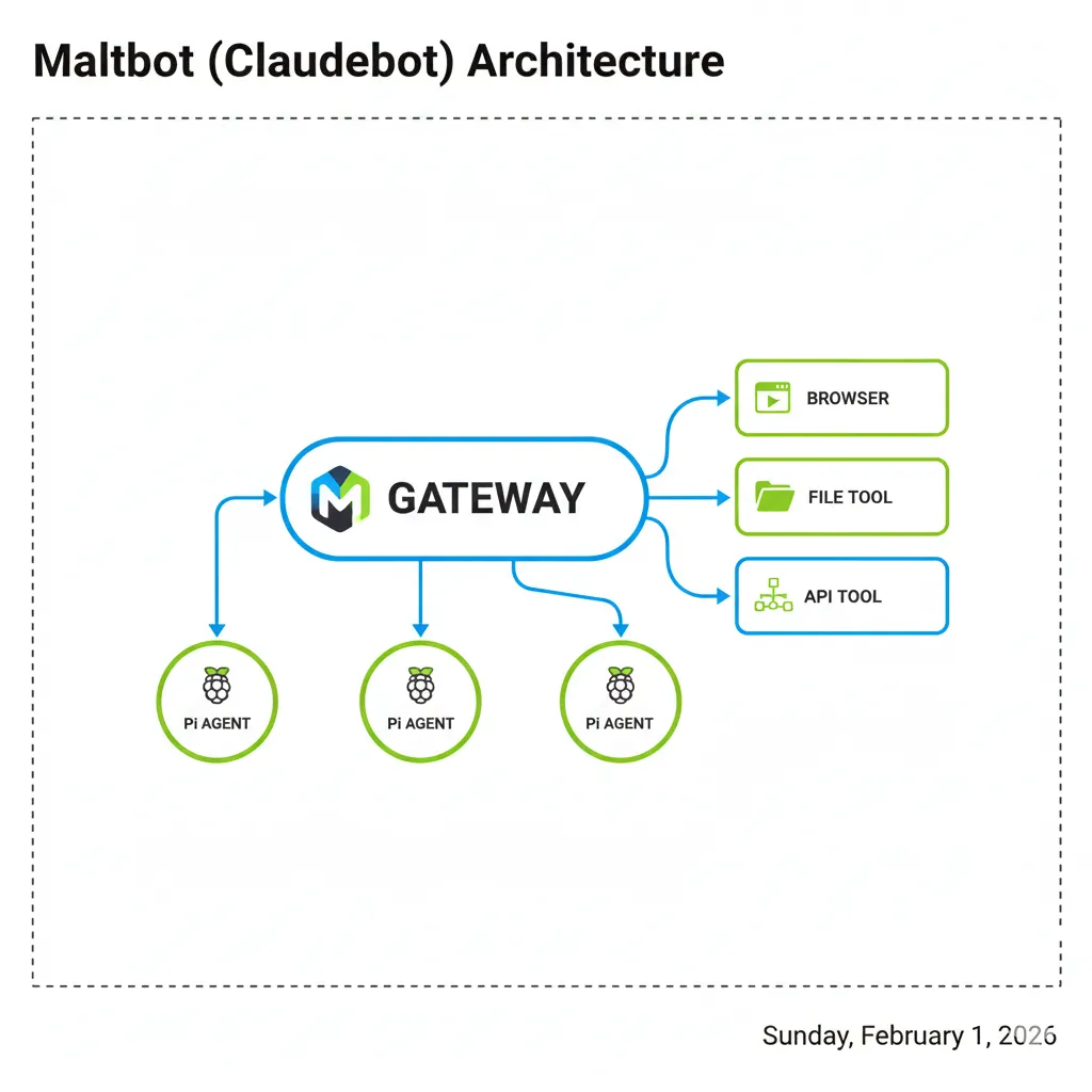 Moltbot architecture diagram showing Gateway, Pi agent, and tool connections