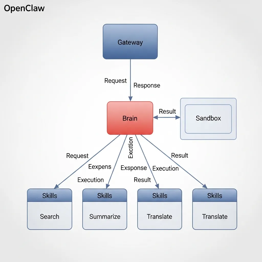 OpenClaw architecture diagram showing relationships between Gateway, Brain, Sandbox, and Skills