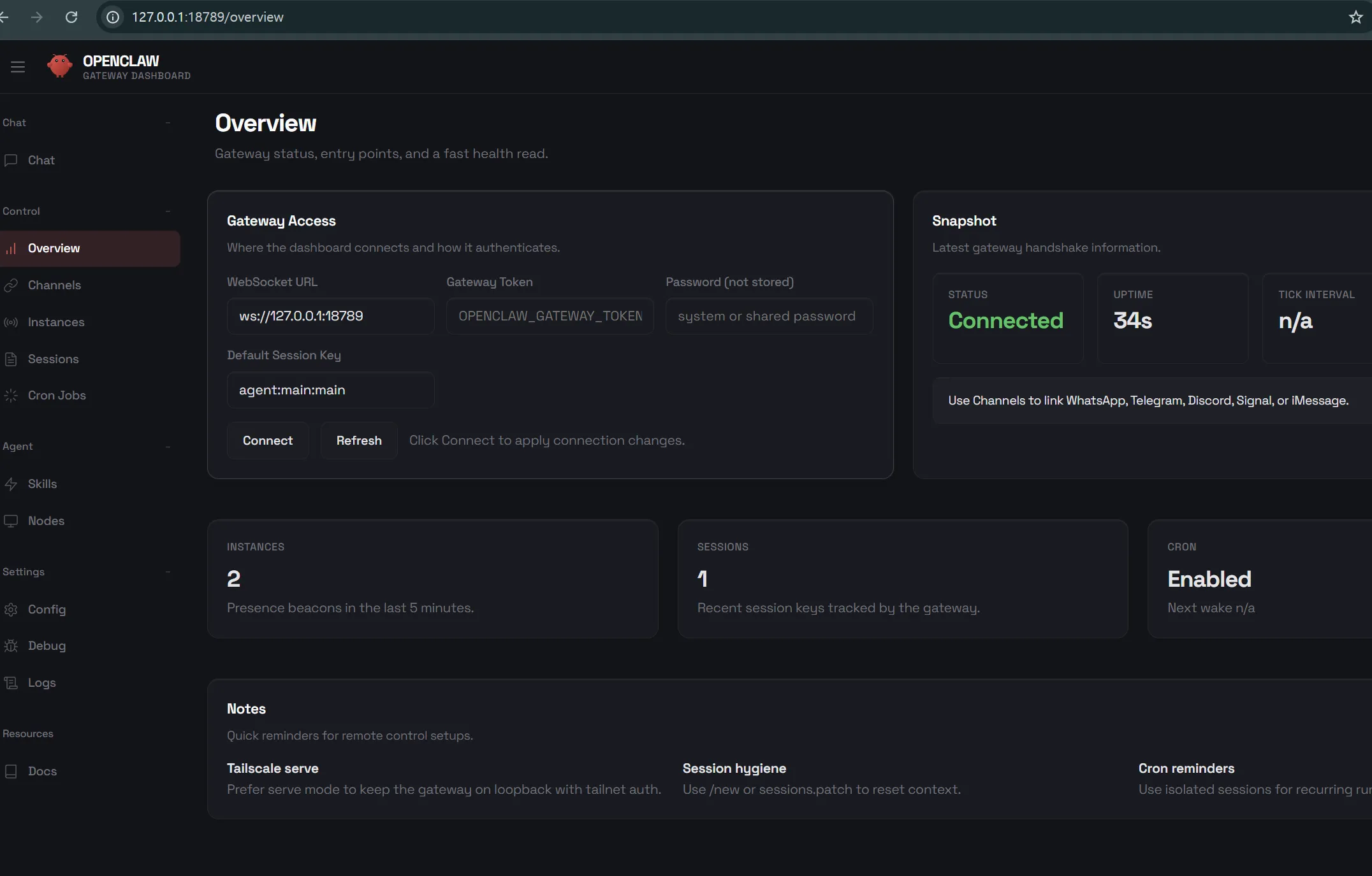 OpenClaw installation screen and dashboard UI screenshot