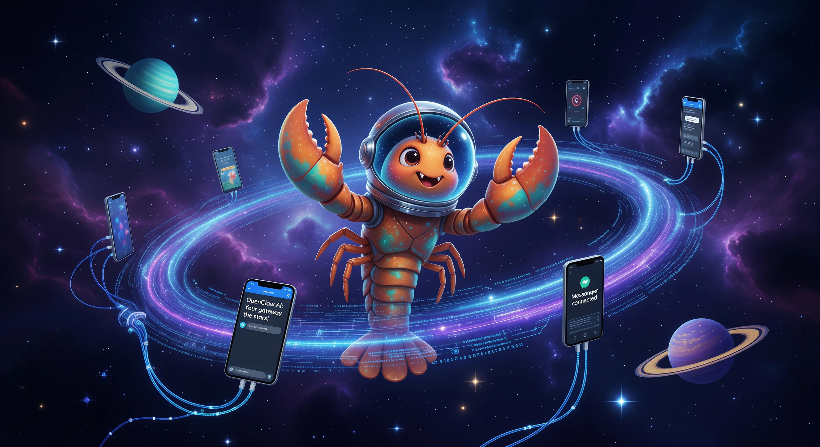 Abstract representation of OpenClaw gateway connecting smartphones with a space lobster mascot