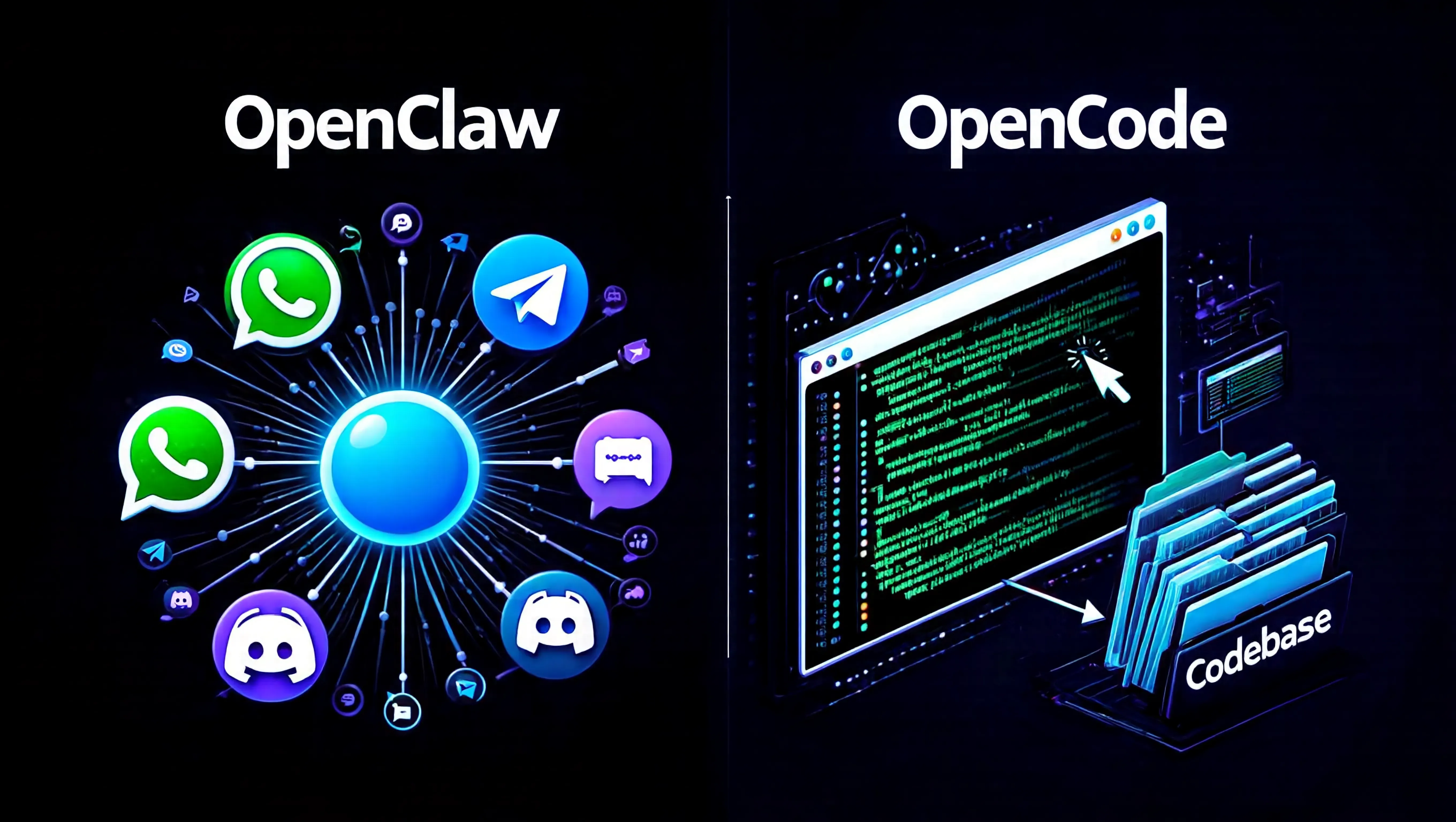 OpenClaw and OpenCode architecture comparison diagram - showing OpenClaw's messenger-centric vs OpenCode's terminal-centric architecture