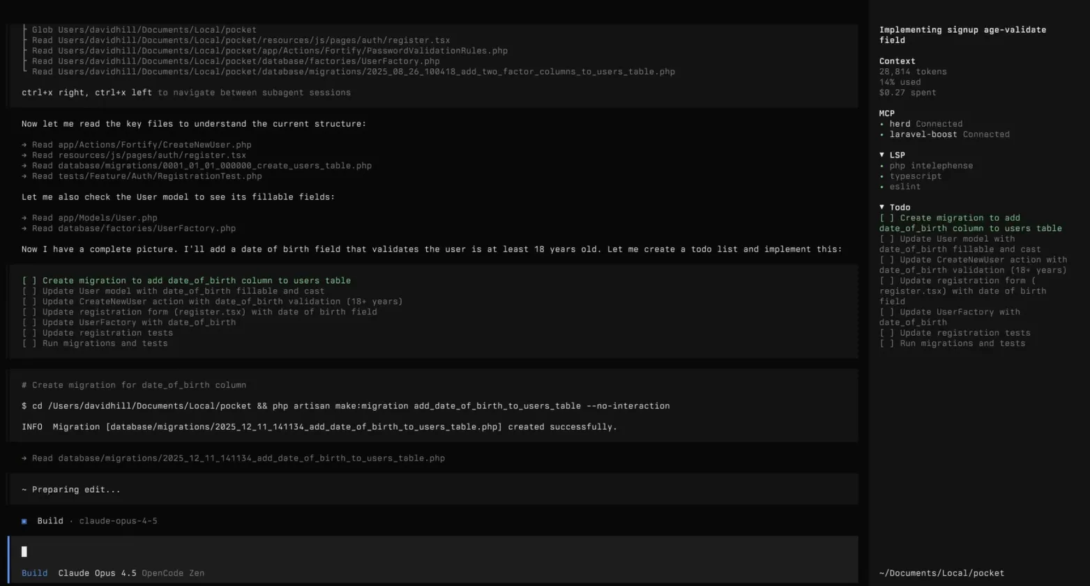 OpenCode terminal interface screenshot - showing integrated file explorer, code editor, and AI chat panel