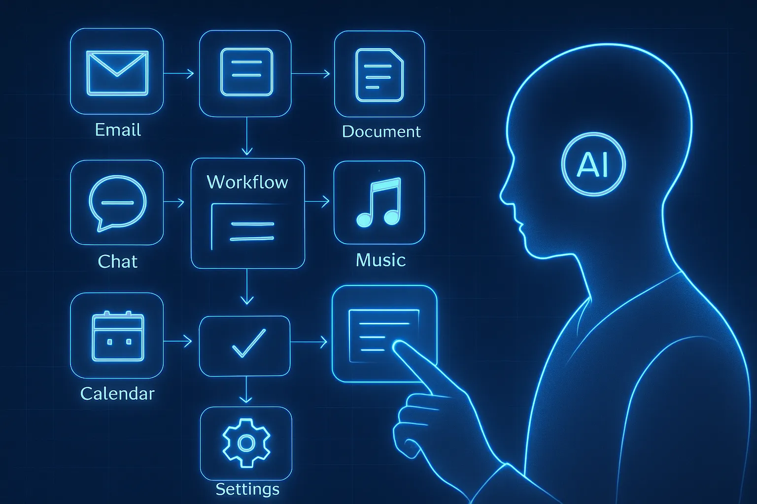 Visual concept of AI agent autonomously operating mobile apps and desktop software