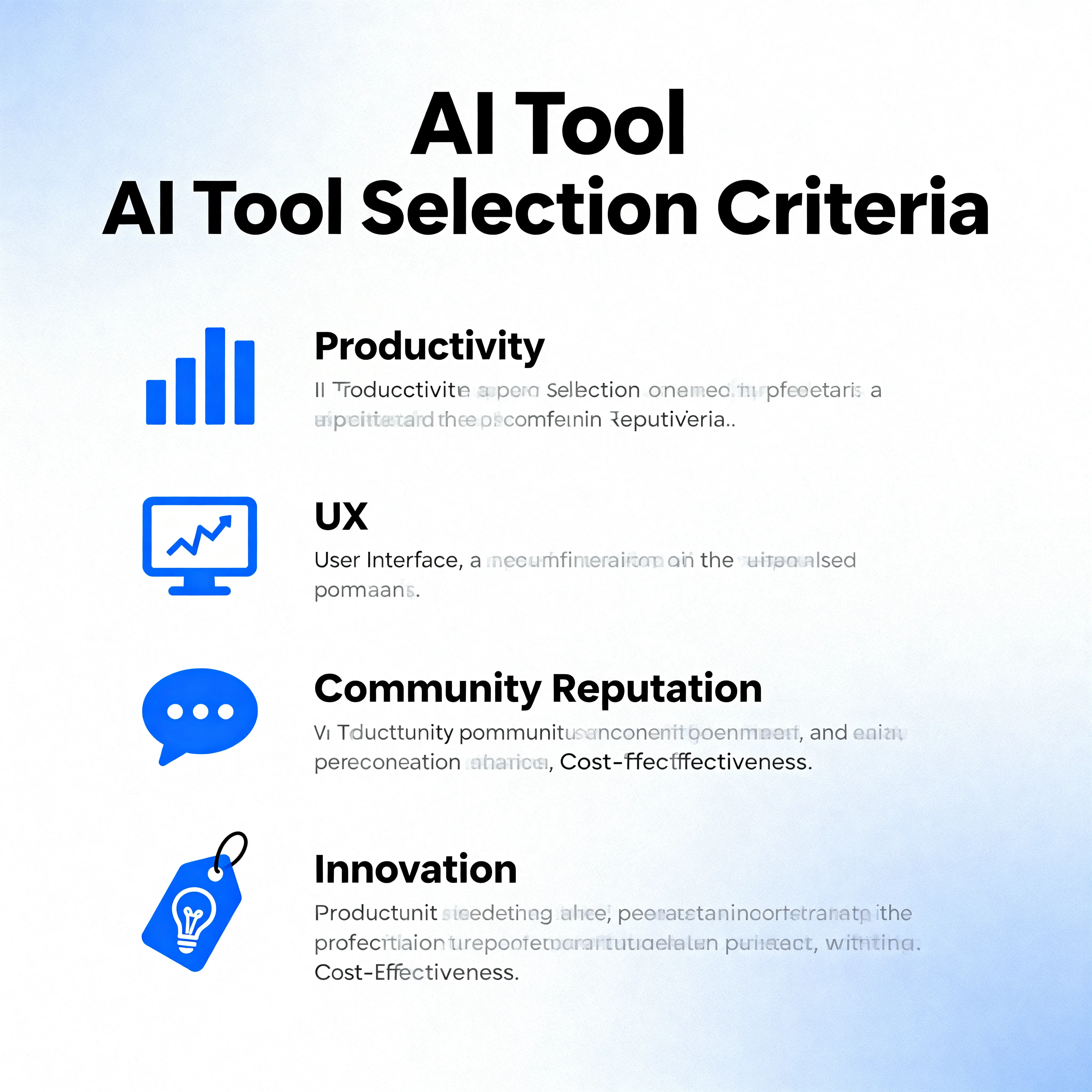 Infographic showing AI tool selection criteria - five elements: productivity, UX, community reputation, value for money, and innovation