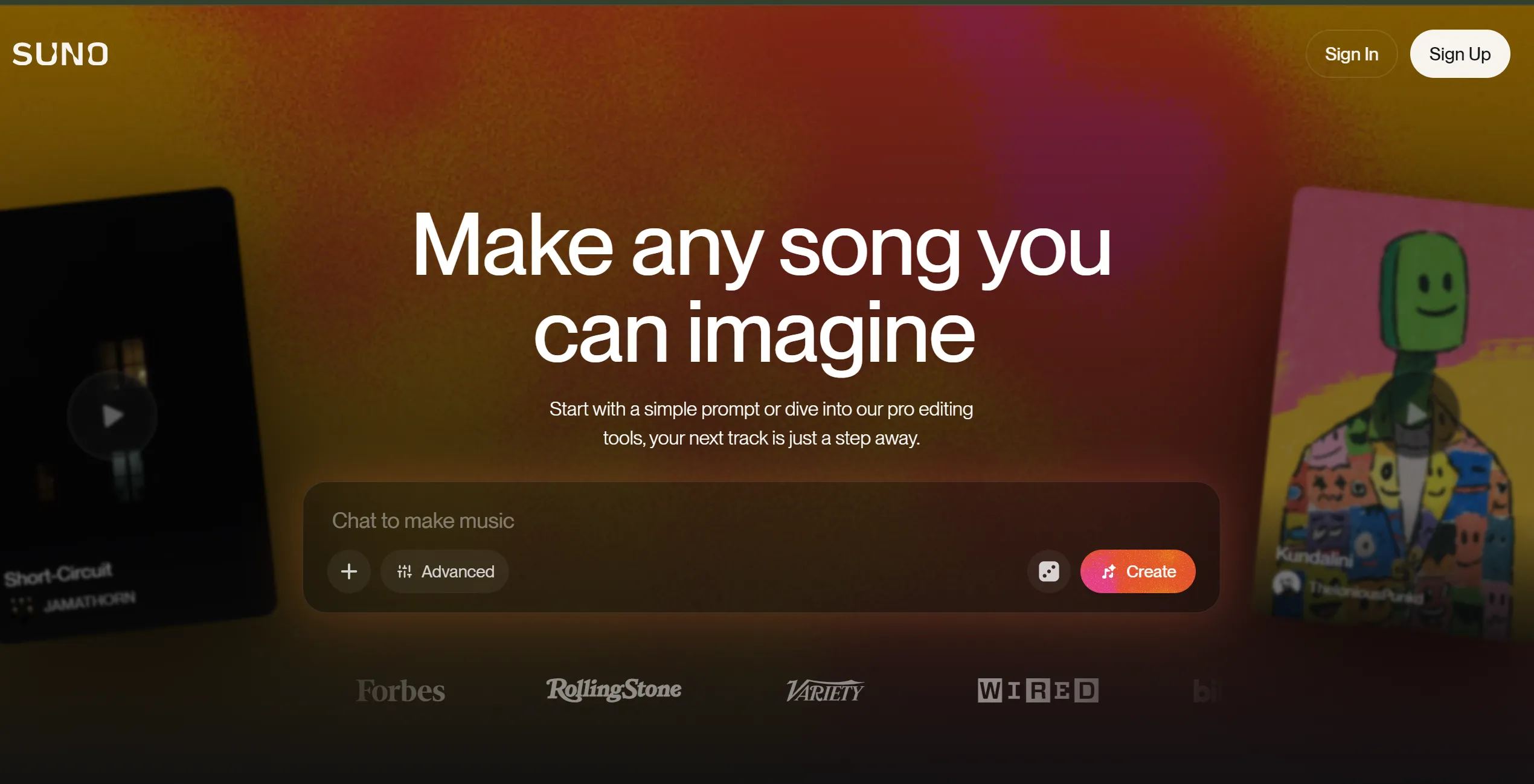Suno AI interface - lyrics input and genre selection, waveform visualization of generated music and various genre examples